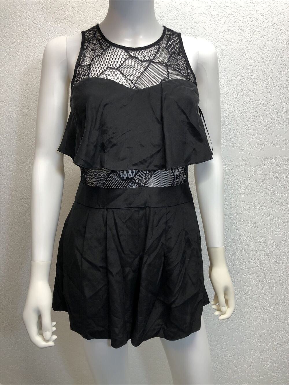 Parker Romper 100% Silk Black Sleeveless Lace Shorts Jumpsuit Size XS Peekaboo